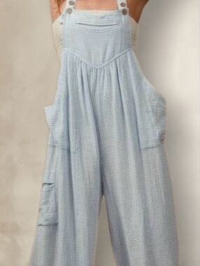 Light Blue Women's Cotton Gauze Overalls Jumpsuit